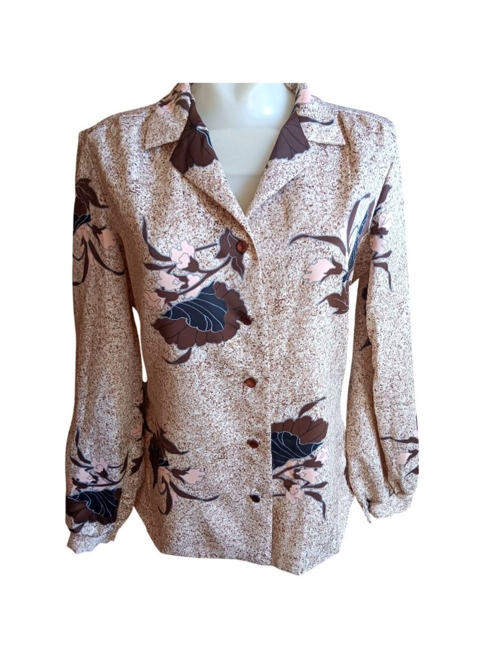True Vintage Boho Top Blouse Medium Floral Long Sleeve Polyester 1970's Lillies